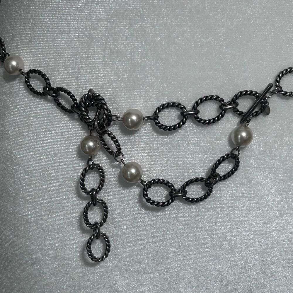 Vtg Chain Link Belt Necklace Dark Silver Twisted Oval Metal Links W/ Faux Pearls